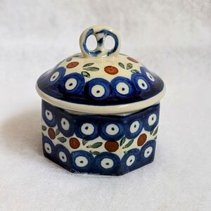 Polish Pottery Octagonal Trinket Dish with Lid & Blue Dot Design